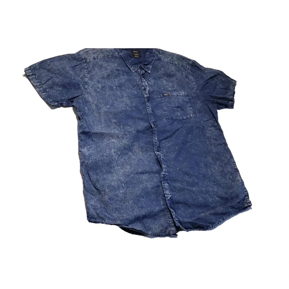 RVCA Mens XL Short Sleeve Button Down Shirt Blue Acid Wash Slim Fit - Picture 4 of 5